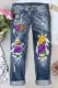 Mardi Gras Heart-shape Graphic Cut-out Raw Hem Casual Jeans