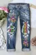 Mardi Gras Lip Graphic Raw Hem Cut-out Casual Jeans