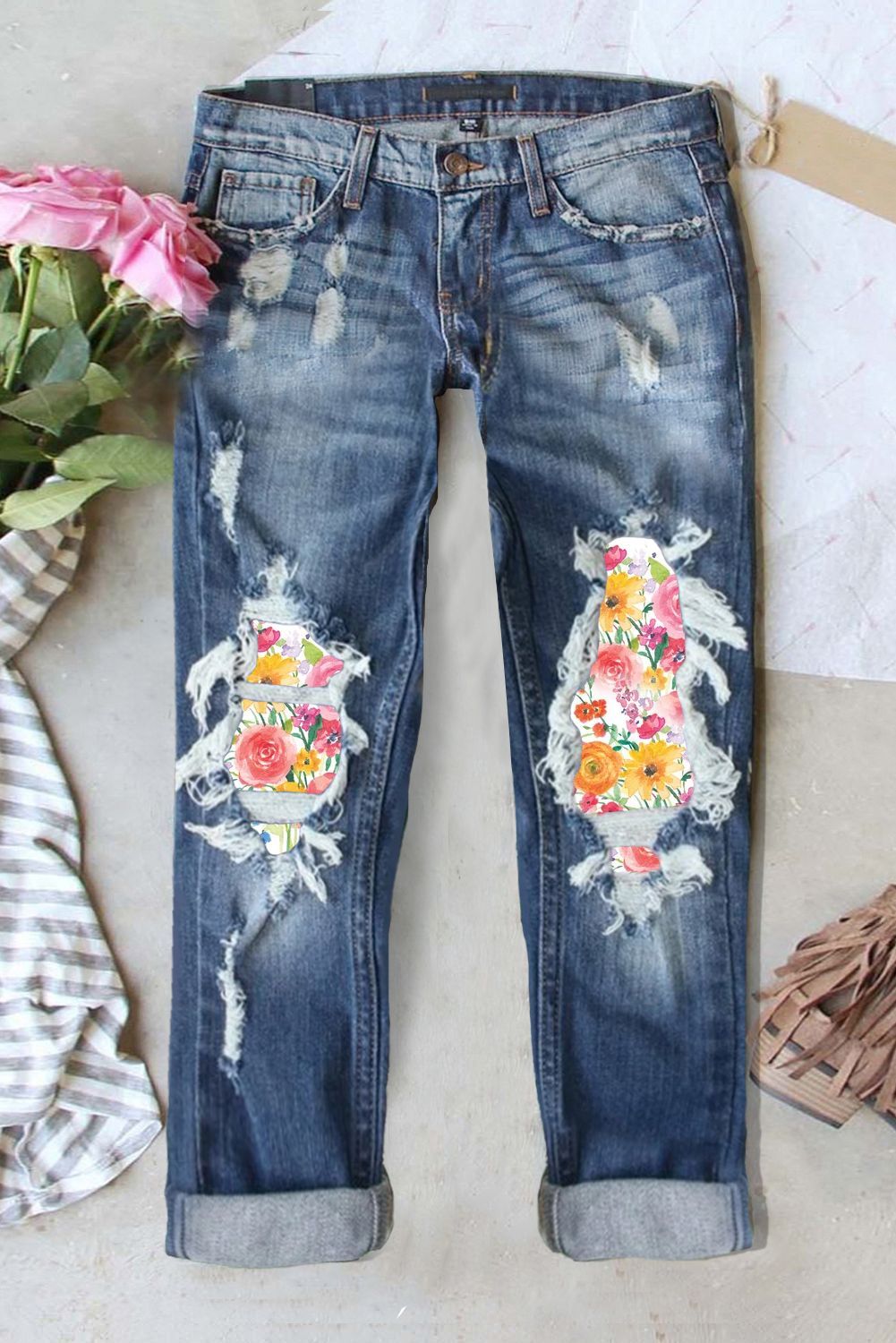 Floral Floral Casual Denim Jeans $ 46.99 - Evaless