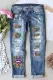 Sky Blue Mardi Gras Lips Ripped Patchwork Casual Jeans