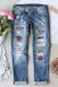 Sky Blue Mardi Gras Color Block Graphic Shift Casual Ripped Jeans