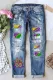 Sky Blue Mardi Gras Tricolor Mask Graphic Shift Casual Ripped Jeans