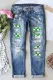 Sky Blue St. Patrick's Day Clover Graphic Ripped Casual Jeans