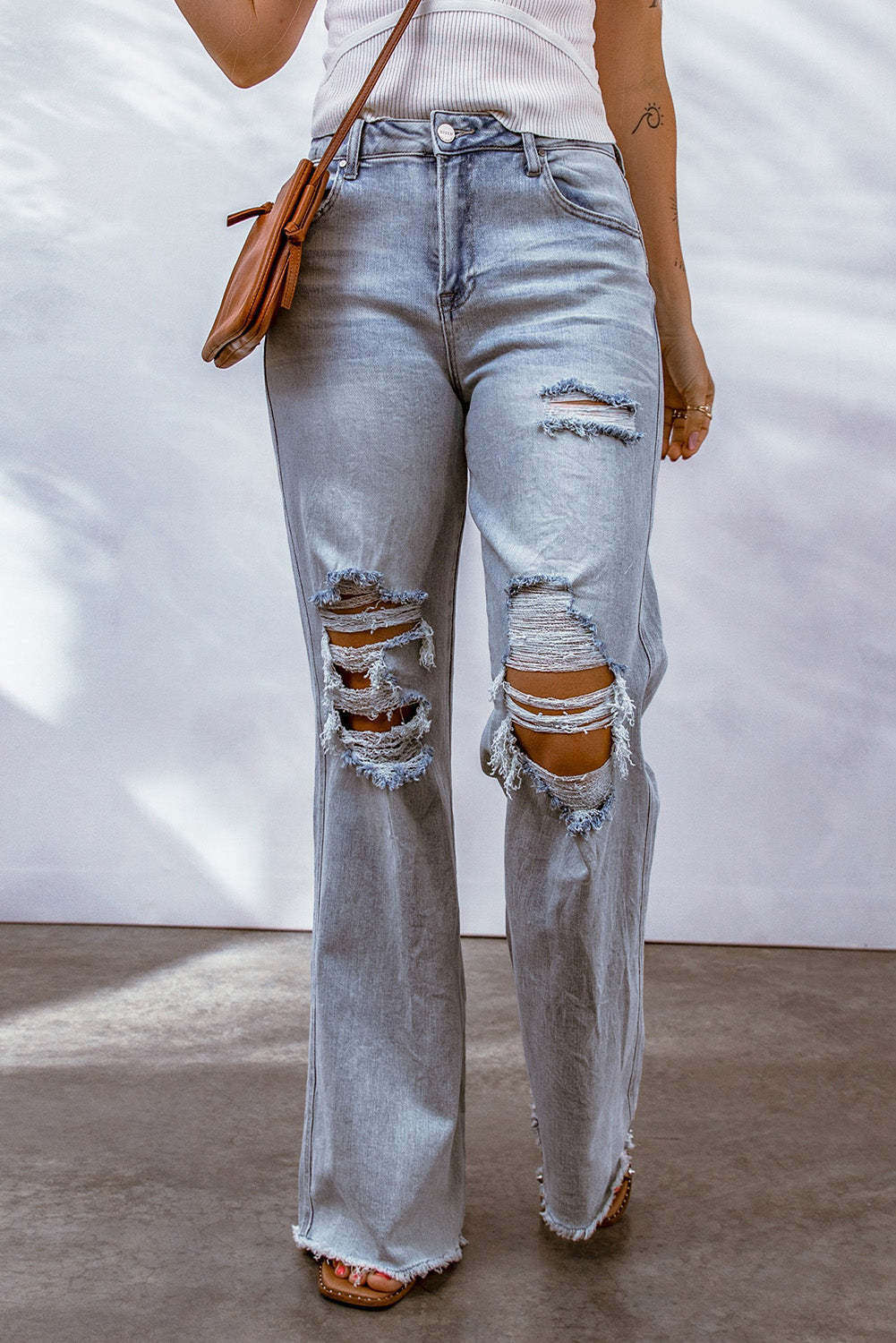 Solid Cut-out Shift Casual Ripped Jeans $ 46.99 - Evaless