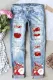 Sky Blue Christmas Elk Santa Claus Shift Casual Ripped Jeans