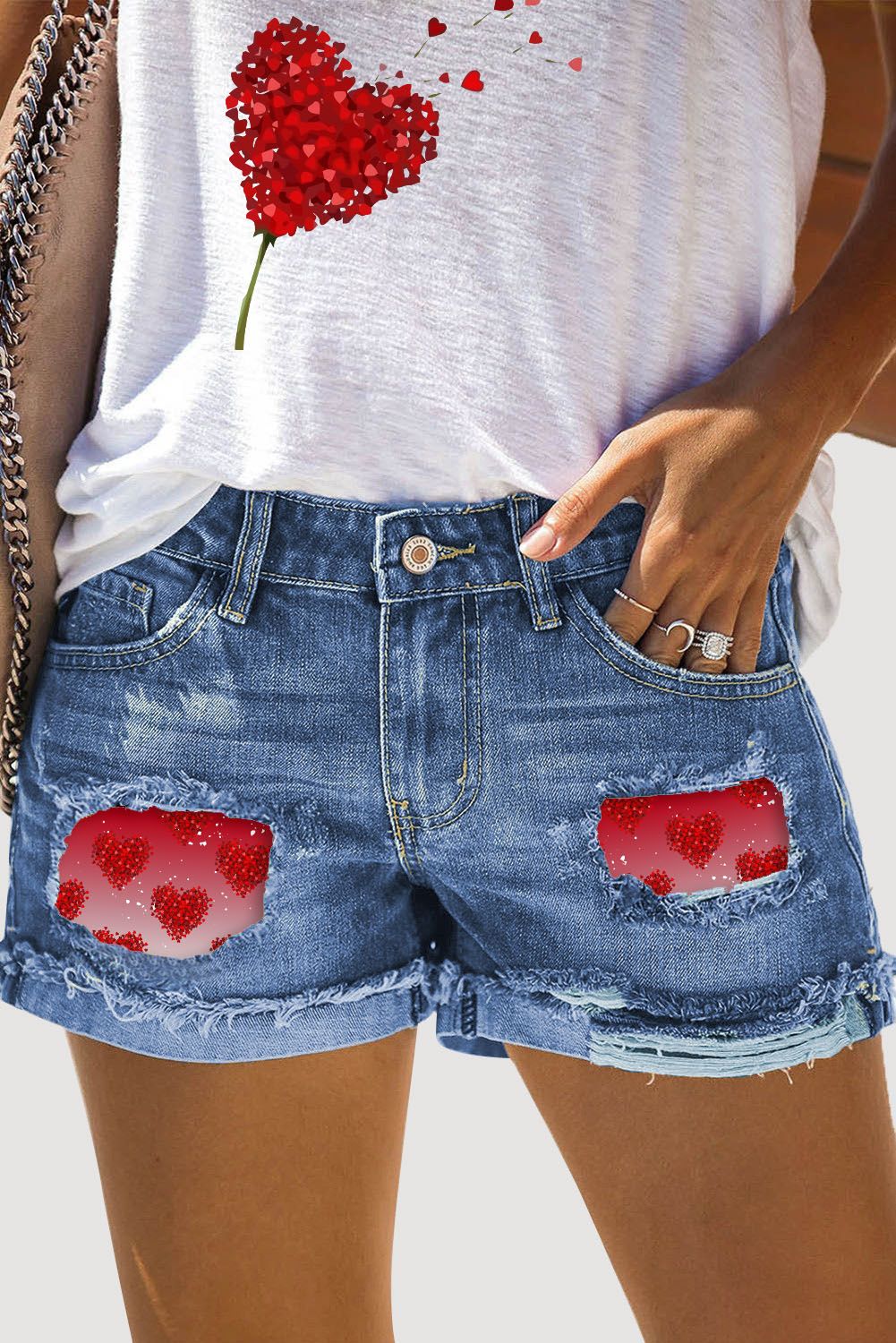 Red Heart-shape Graphic Ripped Casual Denim Shorts $ 19.99 - Evaless