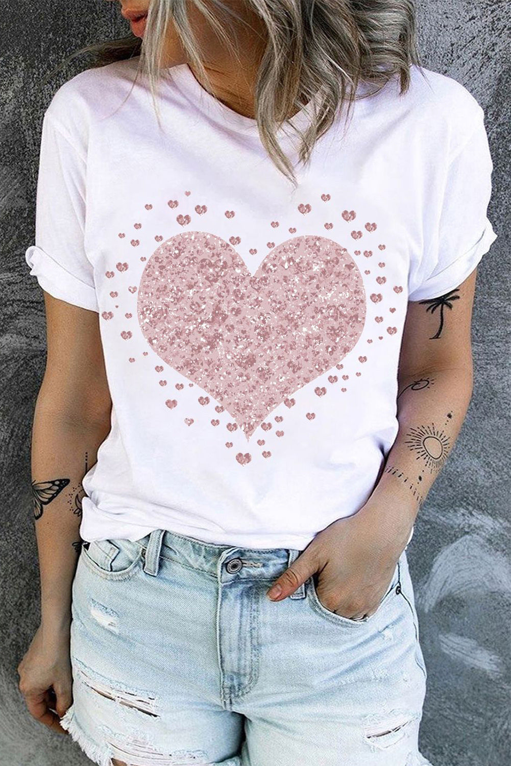 Valentine's Shiny Heart-shape Round Neck Casual T-Shirts $ 10.99 - Evaless