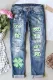 Sky Blue Shamrock Clover Ripped Patchwork Casual Jeans