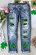 St. Patrick's Day Green Clover Shift Casual Ripped Jeans