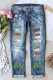 Sky Blue Mardi Gras Willow Graphic Casual Mid Waist Ripped Jeans