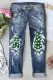 St. Patrick's Day Clover Graphic Ripped Raw Hem Jeans