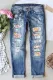 Sky Blue Spring Floral Graphic Casual Mid Waist Ripped Jeans