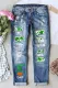 Sky Blue St. Patrick's Day Hat Graphic Casual Mid Waist Ripped Jeans