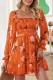Orange Square Neck Empire Waist Floral Dress