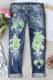 St. Patrick's Day Lucky Clover Graphic Raw Hem Cut-out Shift Casual Jeans