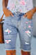 Floral Print Raw Hem Ripped Denim Shorts Bermuda Shorts