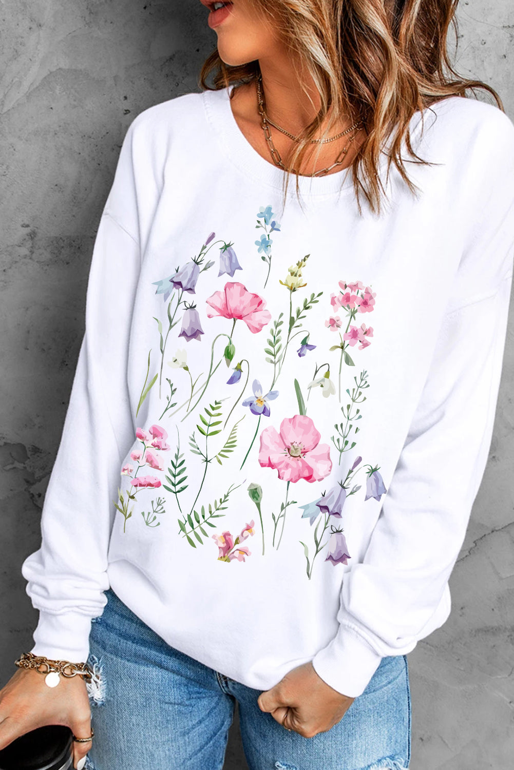 Floral Print Plain Crew Neck Sweatshirt $ 29.99 - Evaless