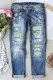 Sky Blue St. Patrick's Day Green Clover Graphic Shift Casual Ripped Jeans