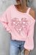 Pink Heart-shape Graphic Cold Shoulder Asymmetrical Neck Casual Tops