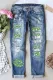 Sky Blue St. Patrick's Day Clover Shift Casual Ripped Jeans