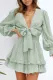 Green Deep V Neck Lantern Sleeve Knotted Tiered Mini Dress