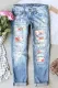 Sky Blue  Floral Shift Casual Ripped Jeans