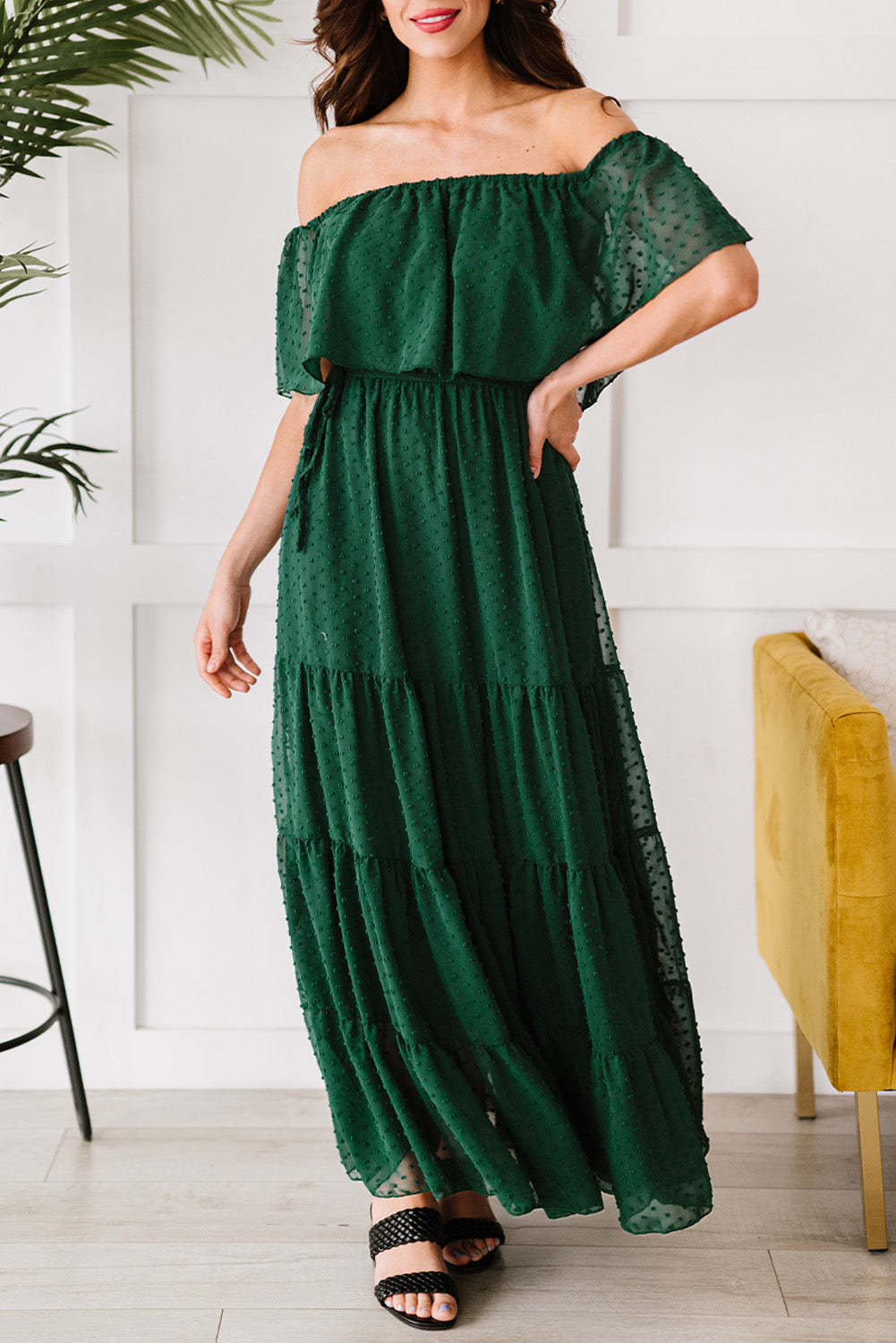 Green New Boho Off Shoulder Ruffle Swiss Dot Maxi Dress $ 44.99 - Evaless