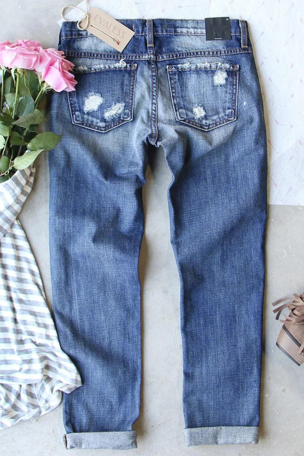 Blue Floral Graphic Print Mid Waist Ripped Jeans $ 43.99 - Evaless
