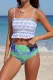 Blue Printed Smocked High Waisted Swimsuit
