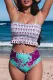 Purple Printed Smocked High Waisted Swimsuit