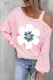 Spring Gentian Blue Floral Asymmetrical Neck Shift Casual Long Sleeve Top Pink