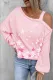 Pink Cherry Blossoms Floral Asymmetrical Neck Shift Casual Long Sleeve Top