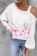 Pink Cherry Blossoms Cold Shoulder Asymmetrical Neck Shift Casual Long Sleeve Top