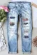 Sky Blue Floral Ripped Casual Jeans