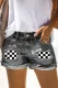 Black Checkerboard Sheath Casual Non-elastic Ripped Jeans Denim Shorts