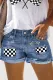 Checkerboard Graphic Shift Casual Non-elastic Ripped Jeans Denim Shorts