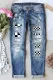 Blue Checkerboard Patchwork Casual Ripped Jeans