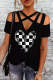 Checkerboard Heart-shape Graphic Criss-Cross Cut Out Short Sleeve Top
