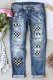 Checkerboard Heart-shape Graphic Ripped Shift Casual Jeans