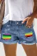 Rainbow Moon Stripe Graphic Ripped Shift Casual Non-elastic Denim Shorts