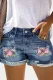 Floral Ripped Casual Non-elastic Denim Shorts
