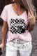 Pink Racing Checkerboard V Neck Casual T-Shirts