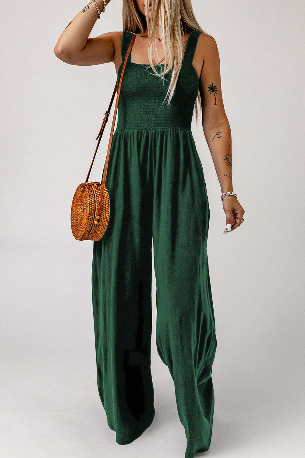 Green Smocked Sleeveless Wide Leg Jumpsuit with Pockets $ 29.99 - Evaless