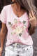 Pink Peony Rose Floral V Neck Shift Casual T-Shirts