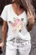 White Pink Peony Rose Floral V Neck Shift Casual T-Shirts