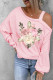 Pink Pink Rose Peony Floral Asymmetrical Neck Shift Casual Long Sleeve Top