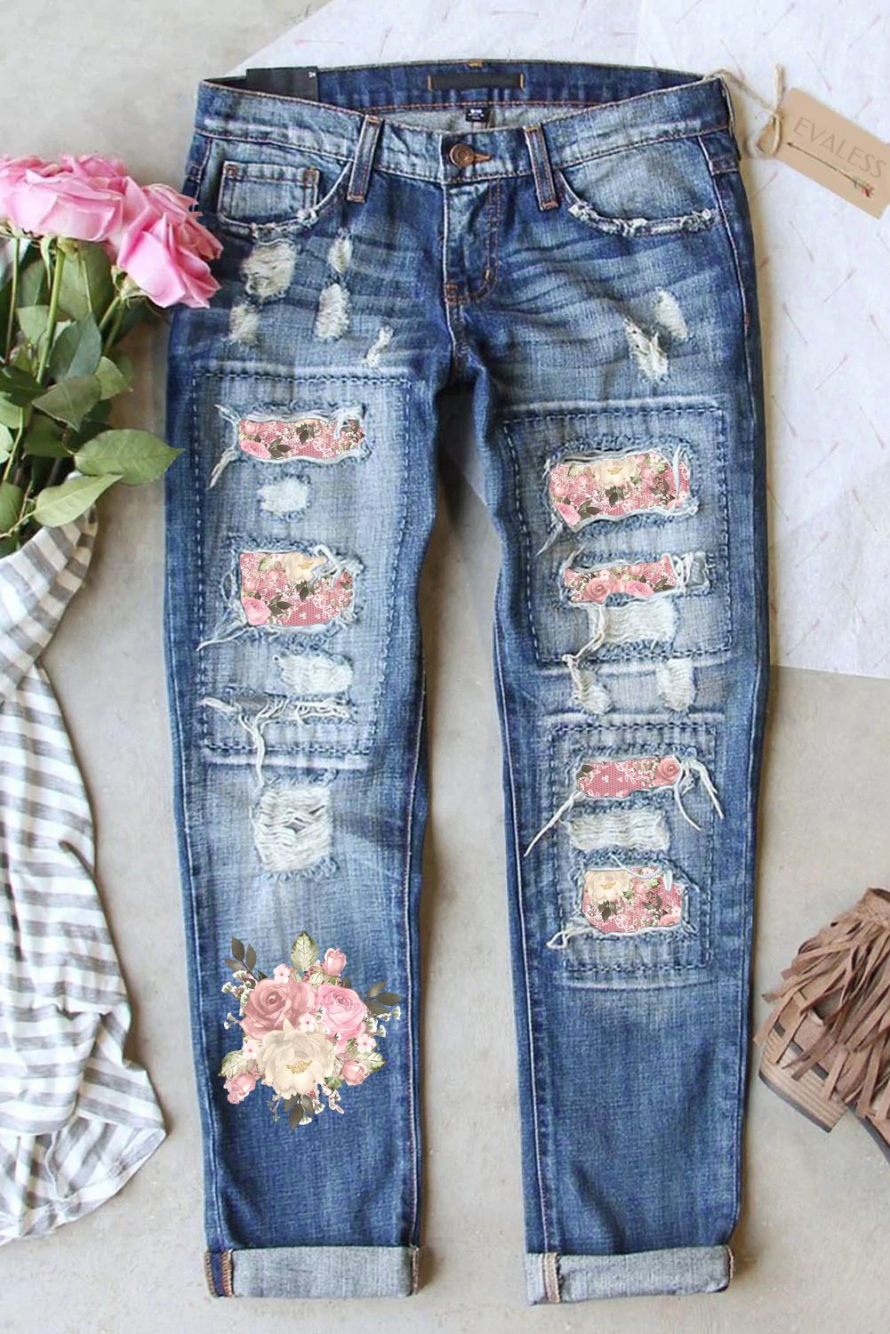 Mother's Day Bright Floral Graphic Shift Casual Ripped Jeans LC7873421-4
