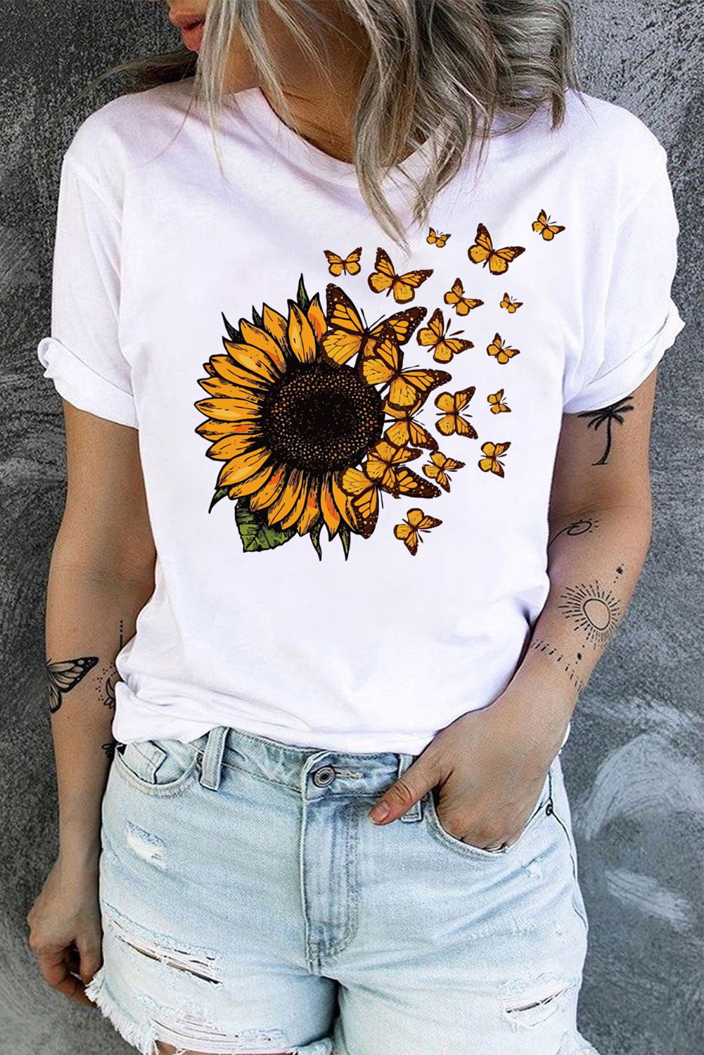 Sunflower Butterfly Graphic Round Neck Casual T-Shirts LC25221003-1