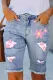 Floral Cut-out Raw Hem Sheath Casual Bermuda Denim Shorts