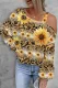 Sunflower Floral  Asymmetrical Neck  Casual Blouse